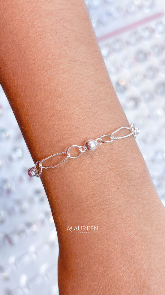 Pulsera esferas y argollas torcidas (lisas y entorchadas) - plata