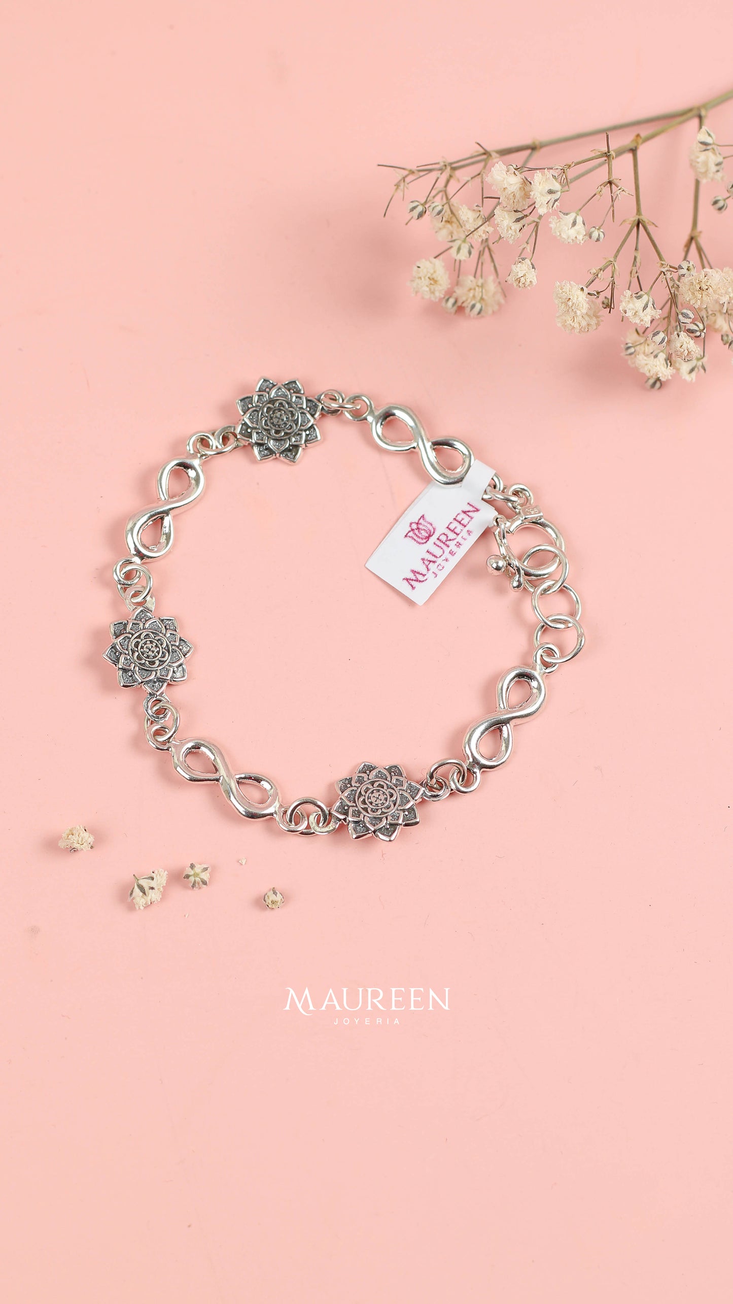 Pulsera mandalas con infinitos calados - Plata quemada