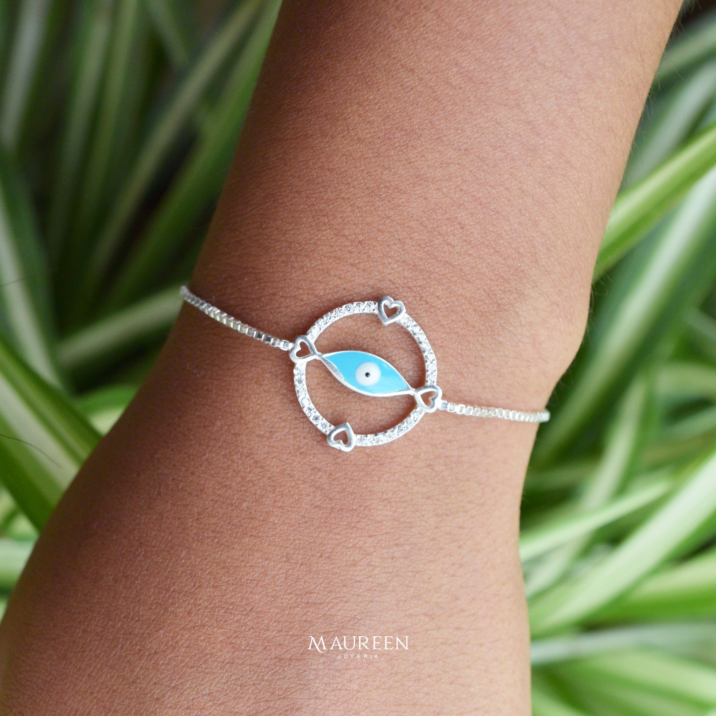 Pulsera regulable ojo turco con corazones - Plata