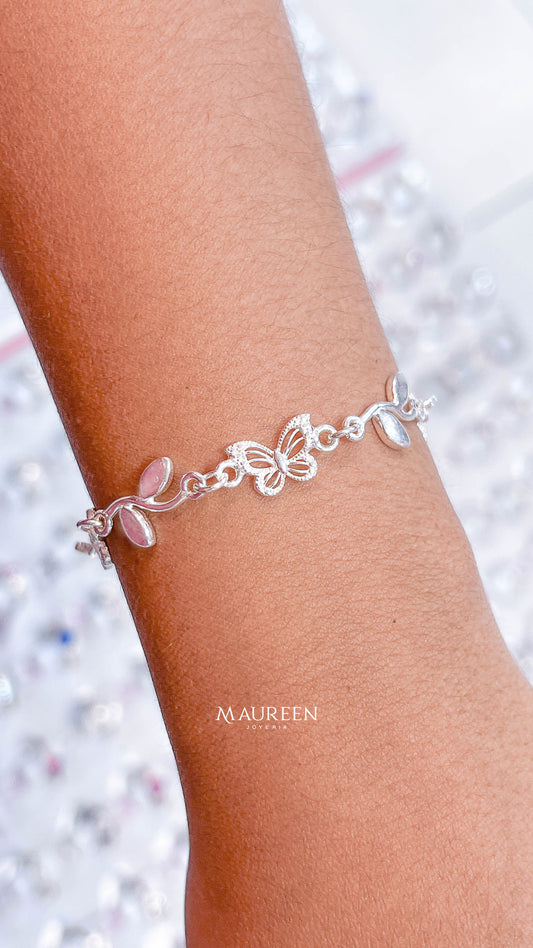 Pulsera mariposa y hojas - plata