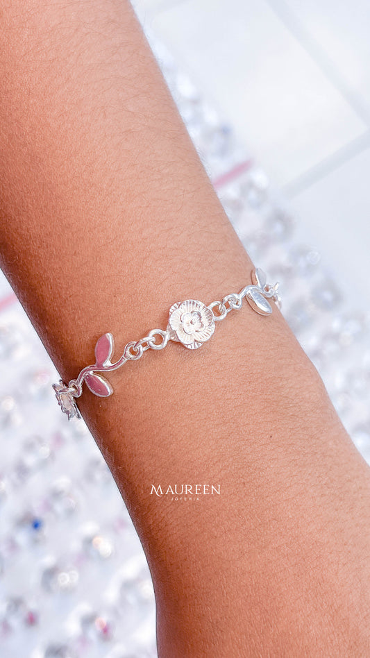 Pulsera rosas y hojas - plata