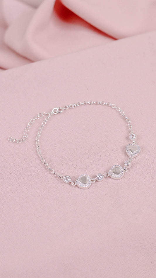 Pulsera 3 corazones con circones - Plata