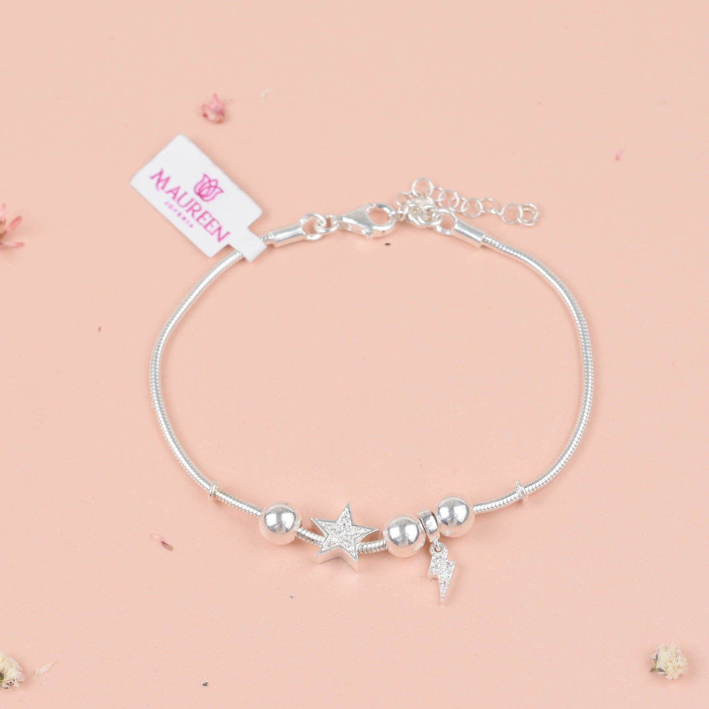 Pulsera cola de ratón estrella y rayo con circones - Plata