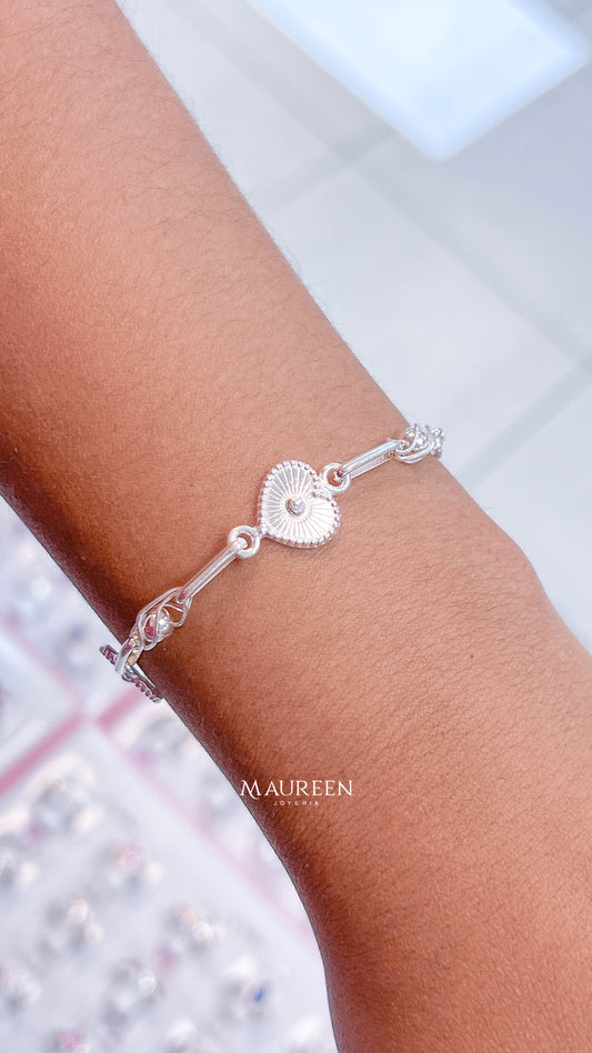 Pulsera corazon con rayas y bolas prisioneras - plata