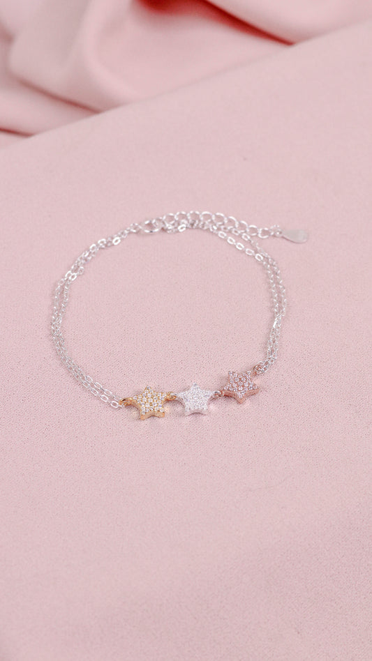 Pulsera doble cadena tres estrellas - Plata/Oro