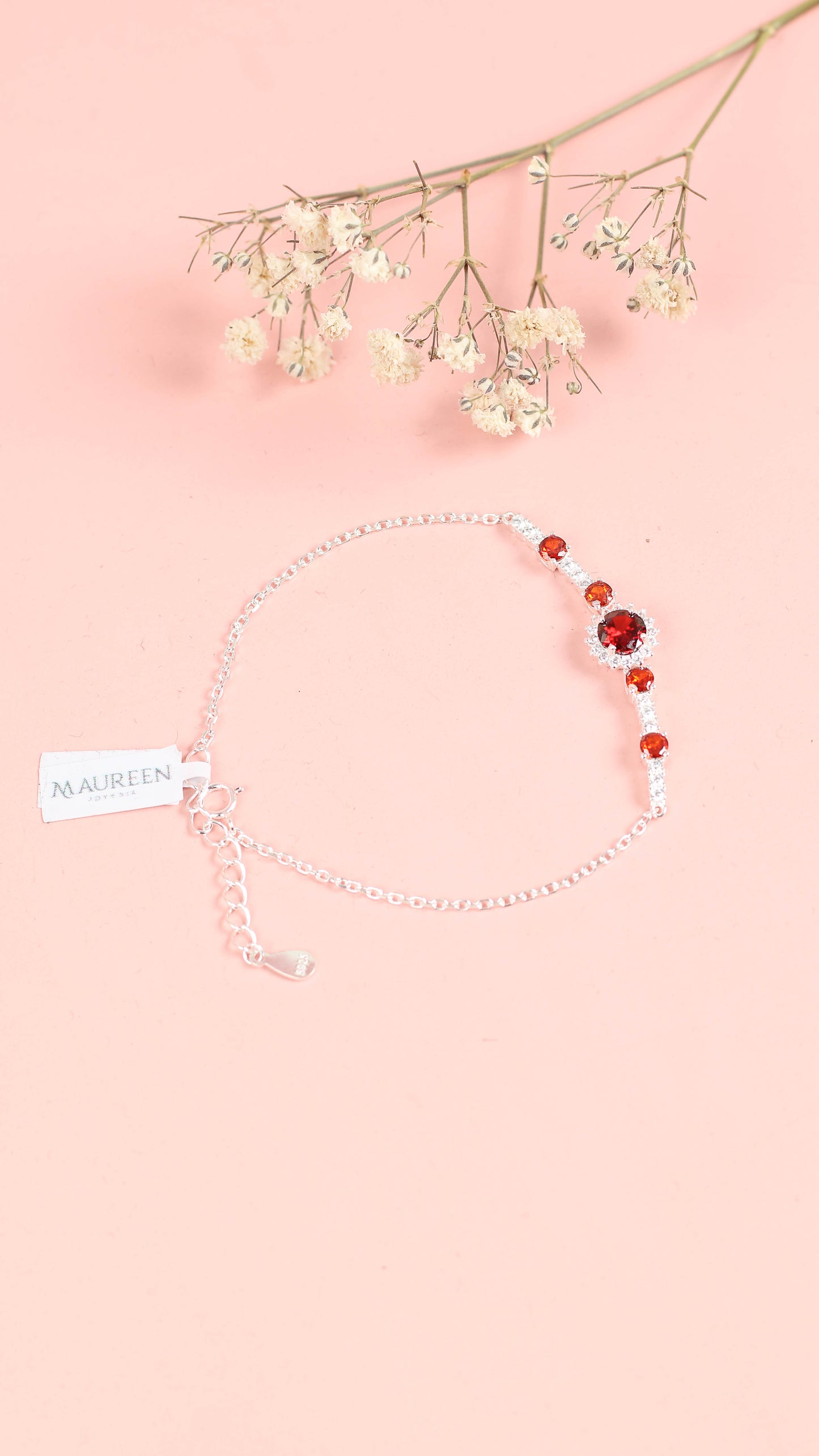 Pulsera roseta y tennis piedra rubi - Plata