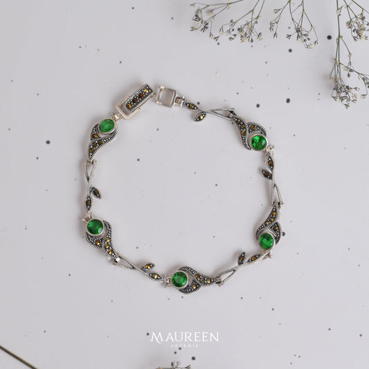 Pulsera de marquesita con hojas y piedra esmeralda - Plata