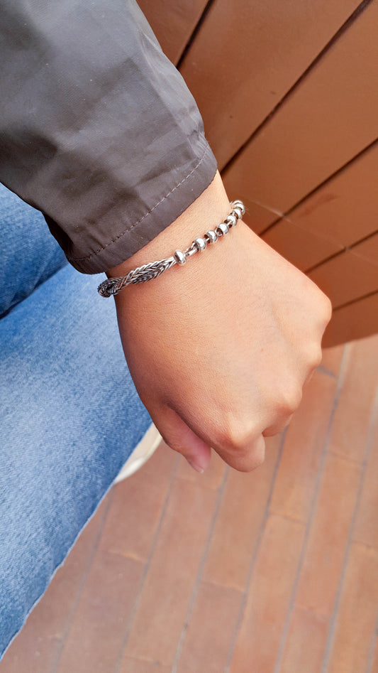 Pulsera bolas y espiga entrelazada  - Plata quemada