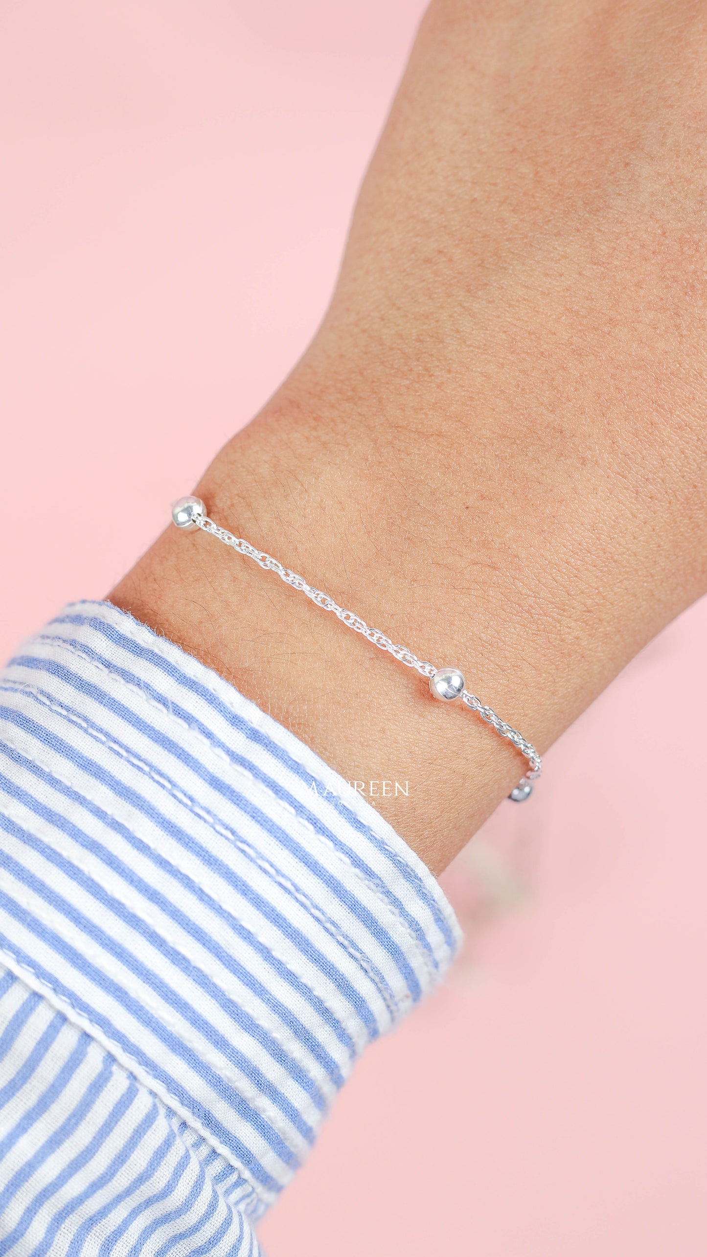 Pulsera cadena singapure con esferas - Plata