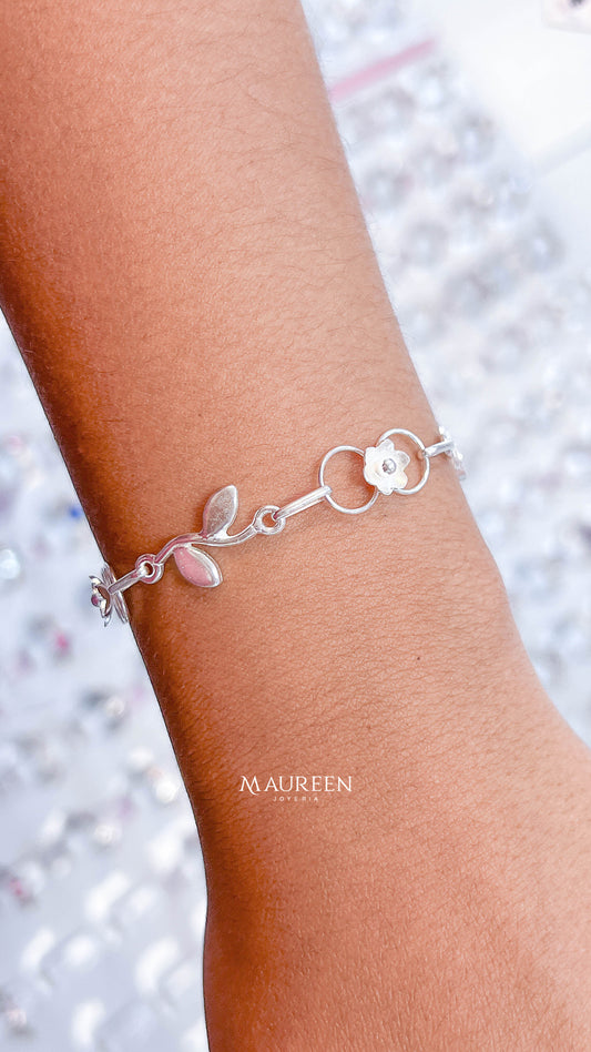 Pulsera hojas con roson de flor - plata