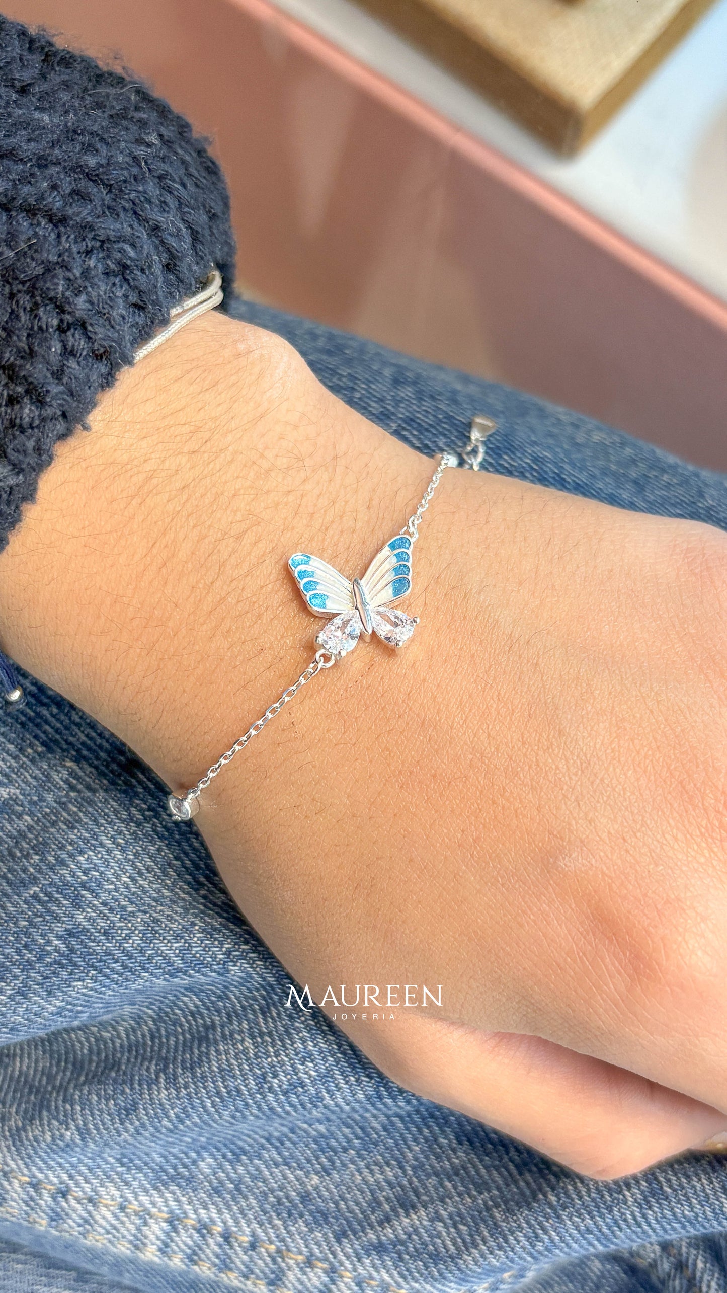 Pulsera mariposa celeste y punto de luz -  Plata