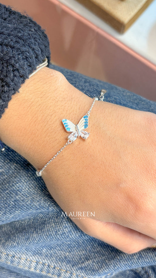 Pulsera mariposa celeste y punto de luz -  Plata