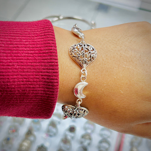 Pulsera corazon ramas y luna bombacha - plata quemada