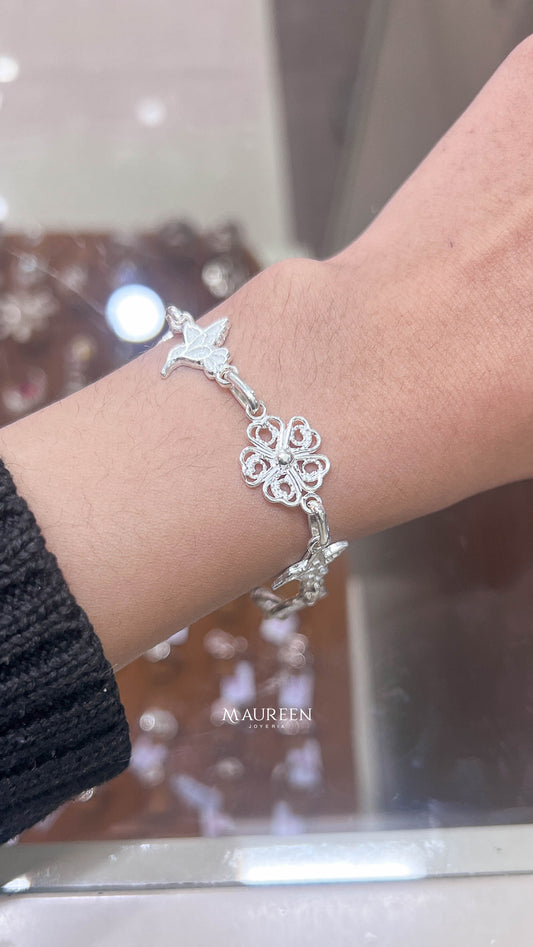 Pulsera colibri y flor - plata