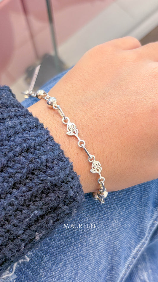 Pulsera de rosa con esfera - plata