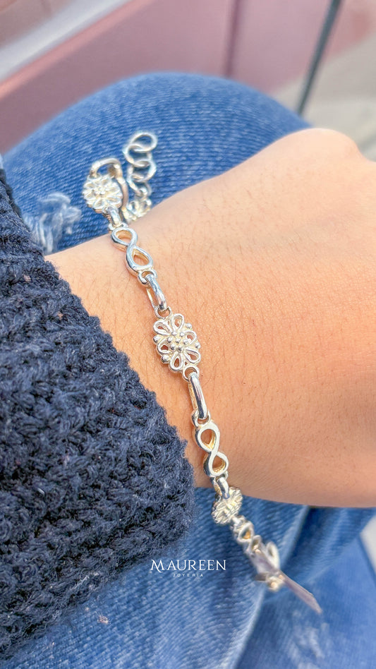 Pulsera flores con infinito - plata