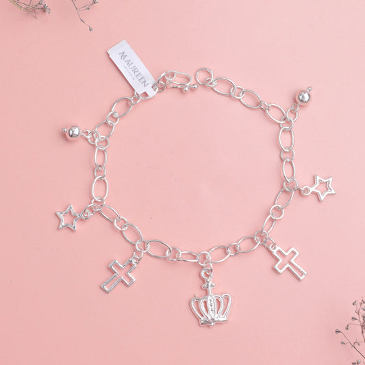 Pulsera dijes corona, cruz y estrella - Plata