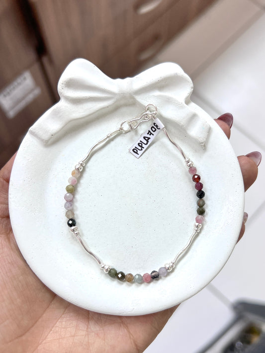 Pulsera piedra natural turmalina con tubos- Plata