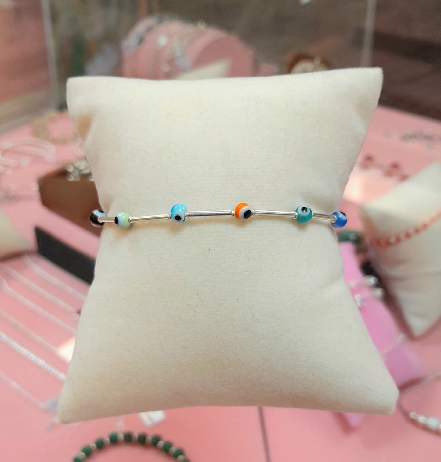 Pulsera ojos turcos con shakira y tubos- Plata