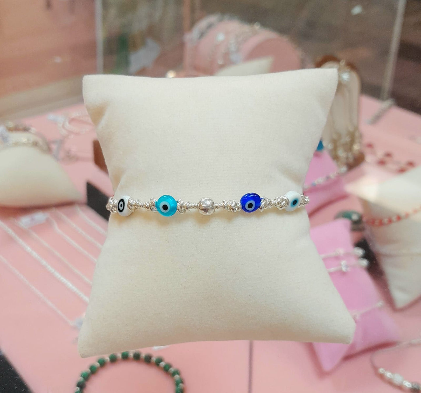 Pulsera ojos turco, chaquira y nudo - Plata