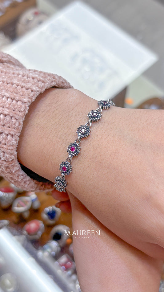 Pulsera flores con rubi y marquesita- Plata