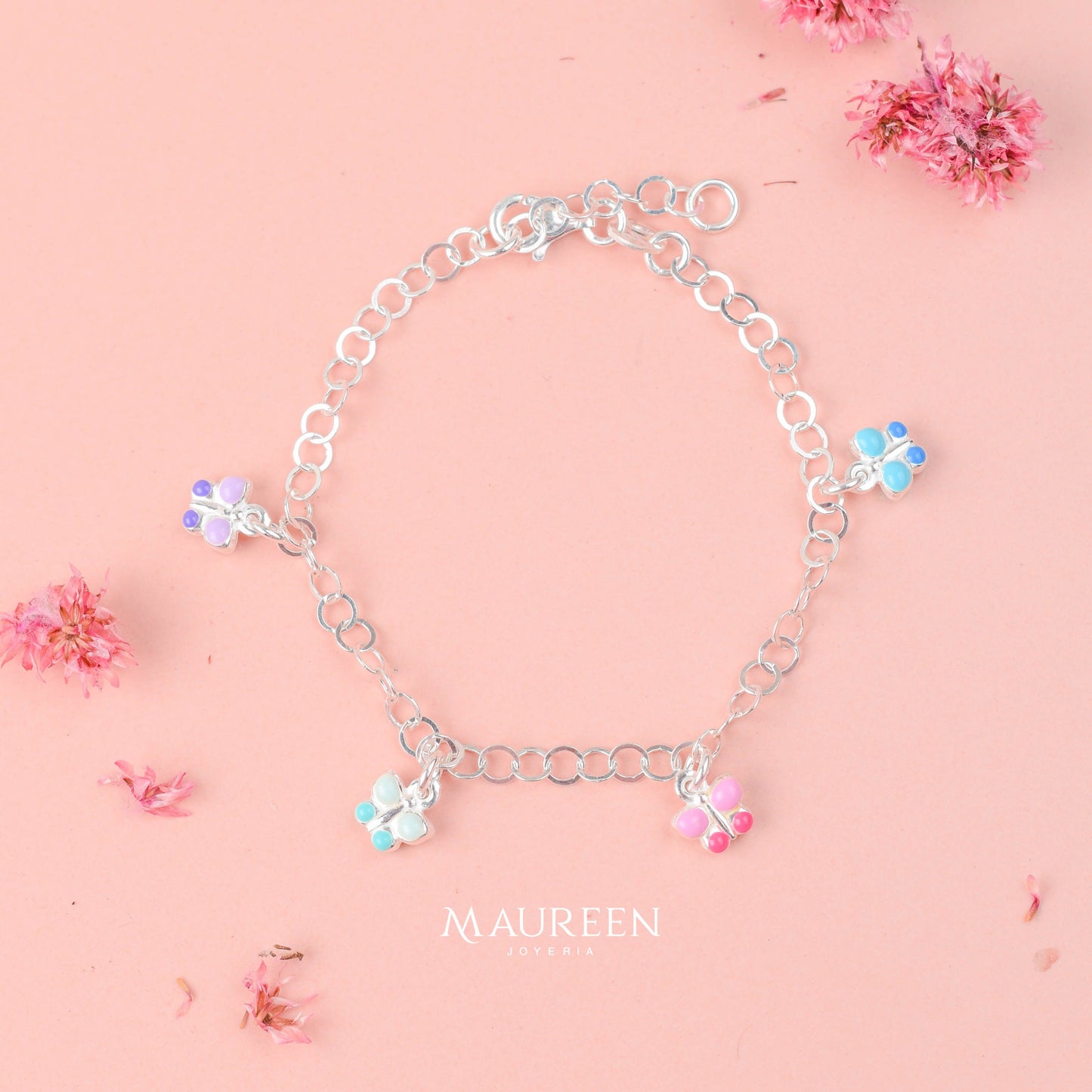 Pulsera para niñas dijes mariposa de colores - Plata