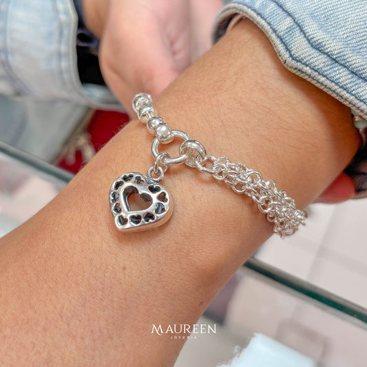 Pulsera donas y cadenas con dije corazon-  Plata quemada