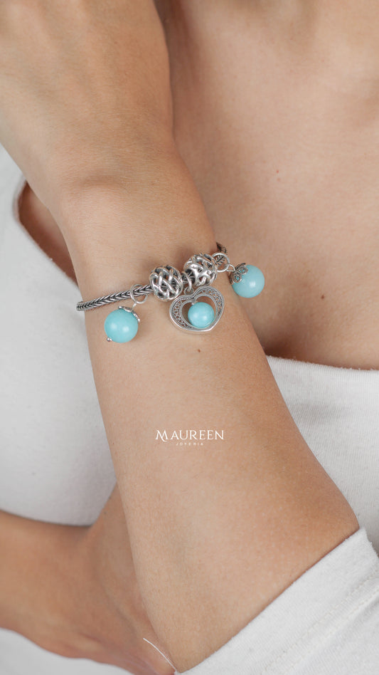 Pulsera espiga con dije corazon con piedras naturales - Plata quemada