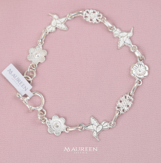 Pulsera colibri con flores - Plata