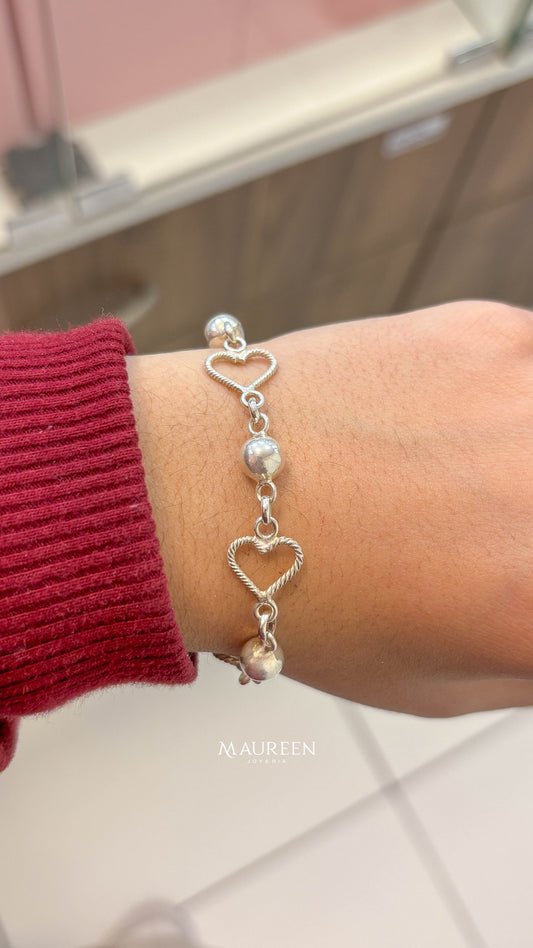 Pulsera corazón calado trenzado con esferas -plata