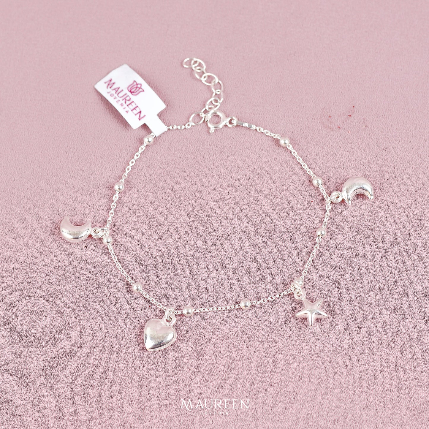 Pulsera dijes luna, estrella y corazon - Plata