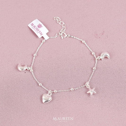Pulsera dijes luna, estrella y corazon - Plata