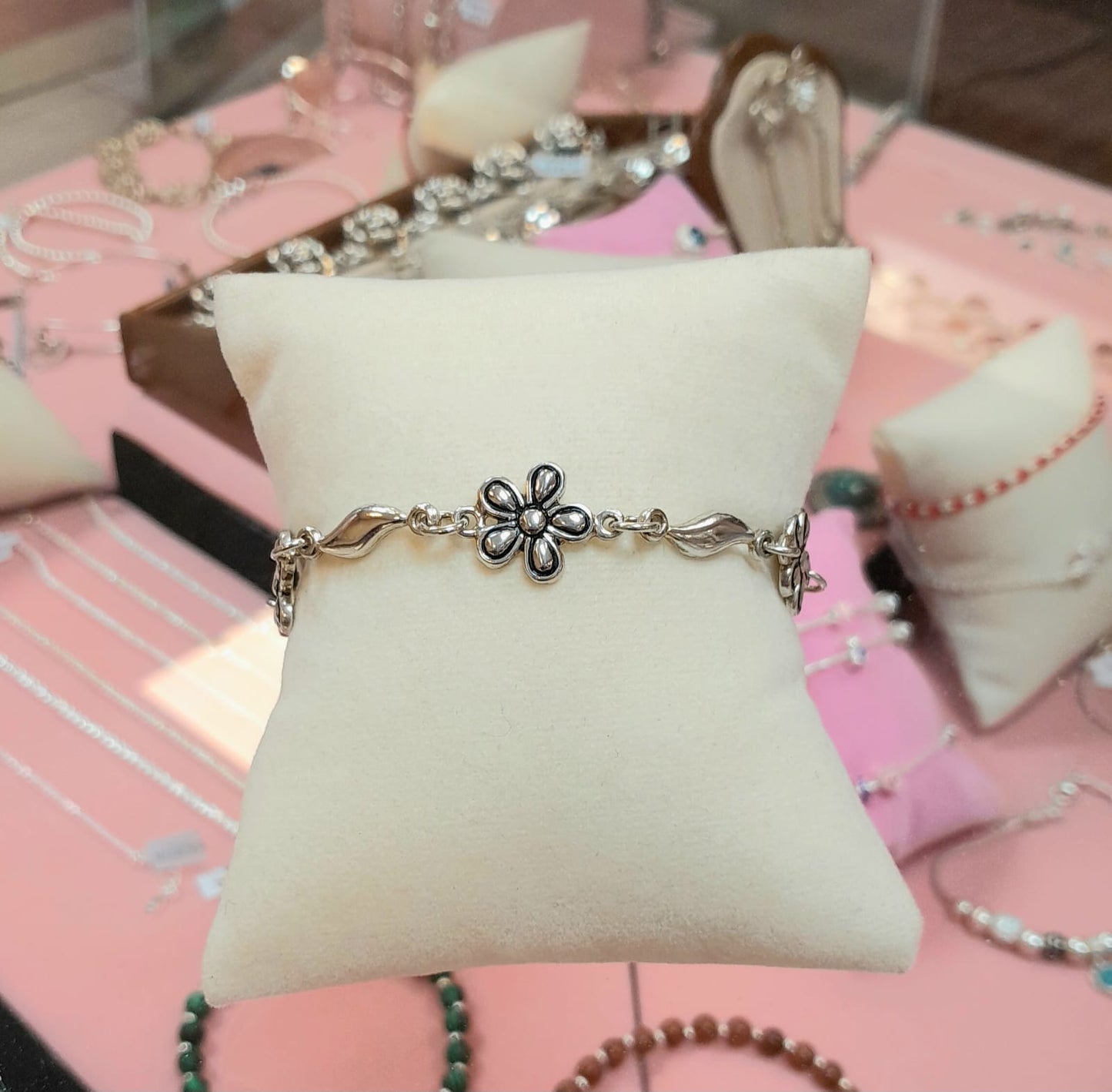 Pulsera flores 5 petalos con hoja - Plata quemada