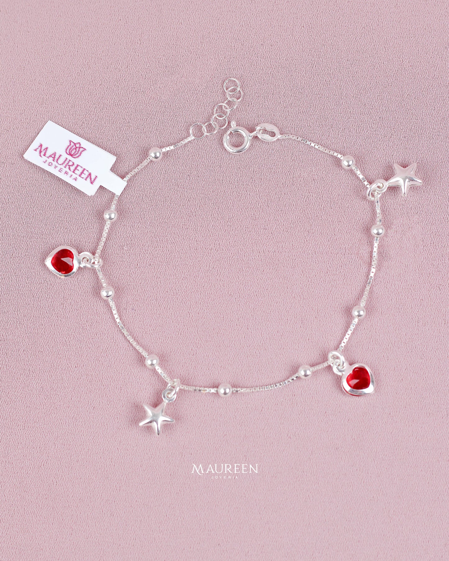 Pulsera dijes estrellas y corazones - Plata