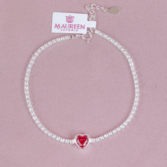 Pulsera Tennis con corazón rubi - Plata