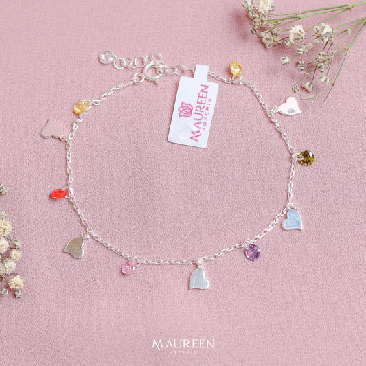 Pulsera dijes corazon y circones multicolor - Plata