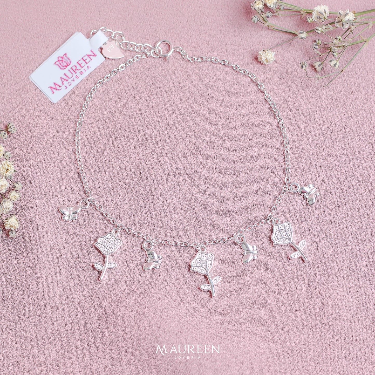Pulsera dijes rosas y mariposas - Plata