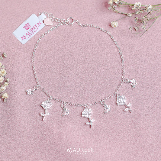 Pulsera dijes rosas y mariposas - Plata