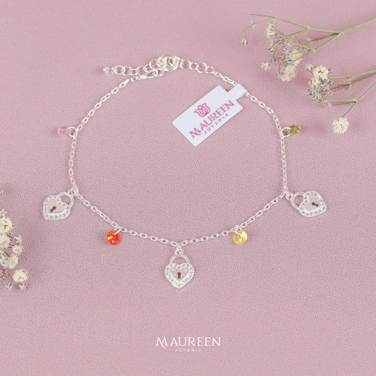 Pulsera dijes corazon con cerradura y circones de colores - Plata