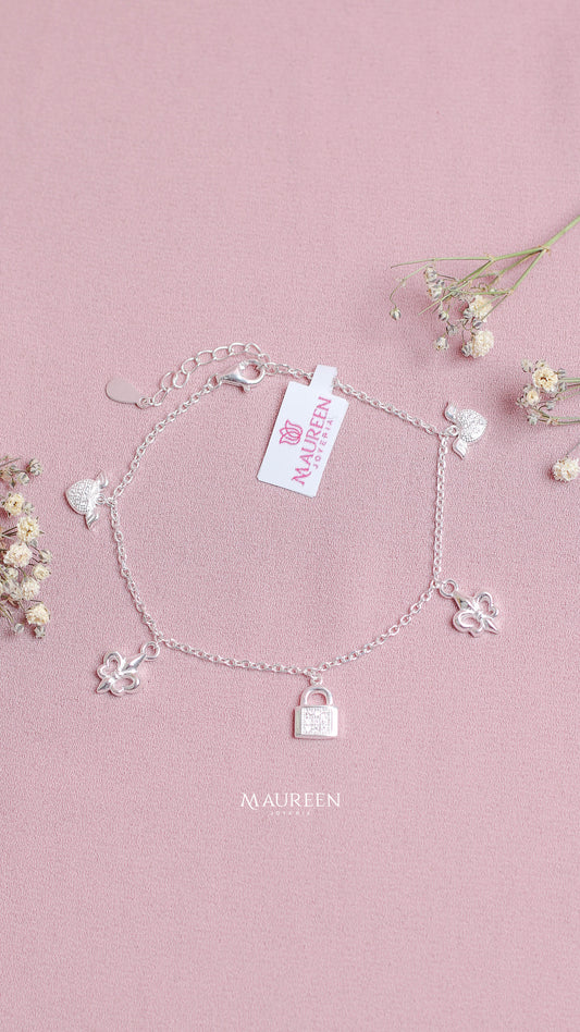Pulsera dijes corazon, mariposa y candado - Plata