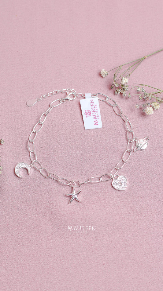 Pulsera dijes luna, estrella, corazon y planeta - Plata
