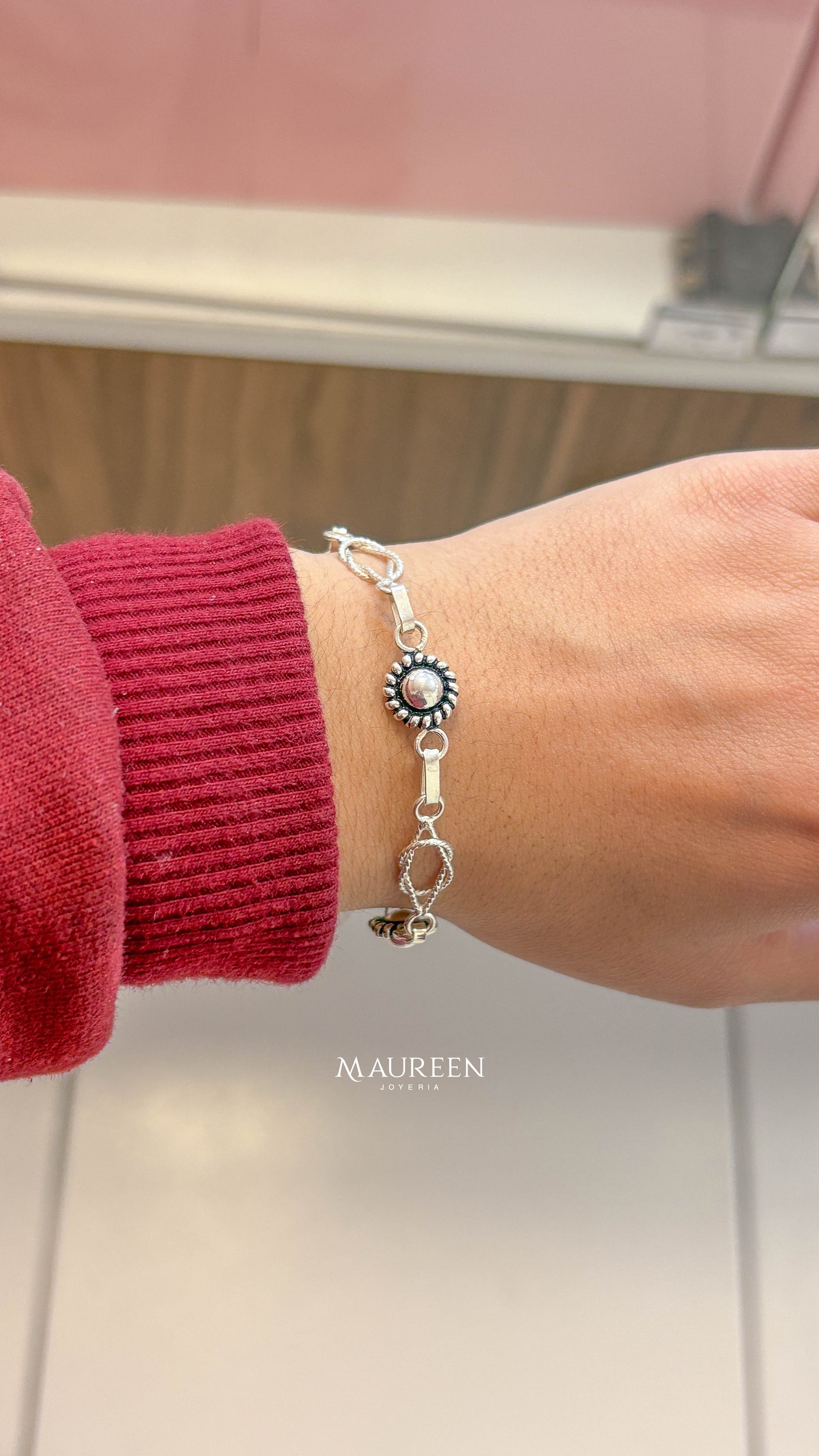 Pulsera flor plata quemada con entorchados - plata