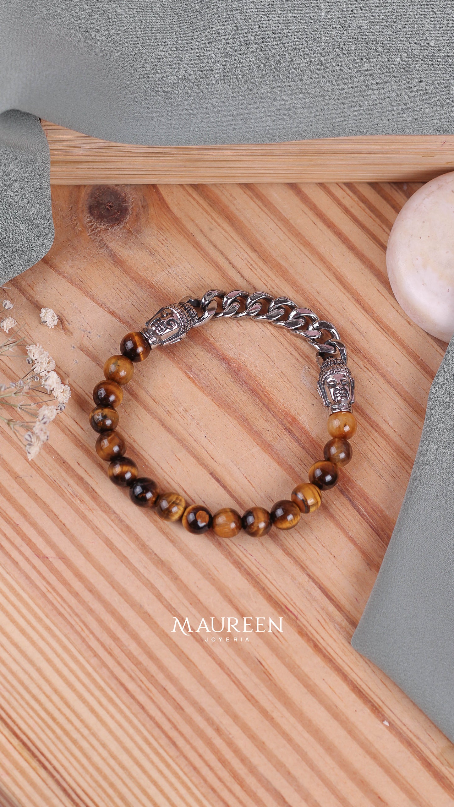 Pulsera buda cadena piedra ojo de tigre -  Acero
