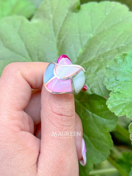 Anillo ondas piedra nacar natural  - Plata