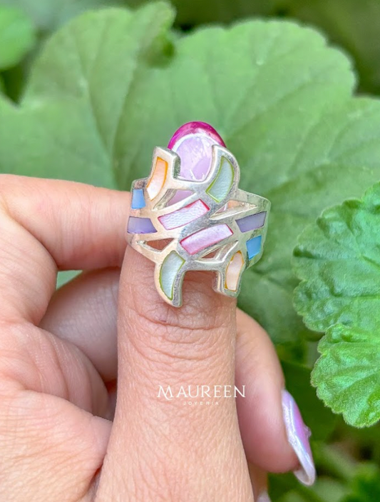 Anillo rayas piedra natural nacar - Plata