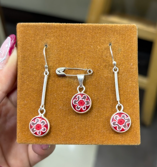 Juego flor rojo colgante- Plata