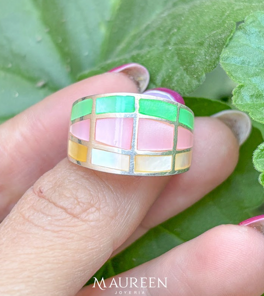Anillo cuadrados piedra natural nacar  - Plata