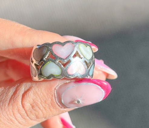 Anillo corazon piedras nacar  - Plata