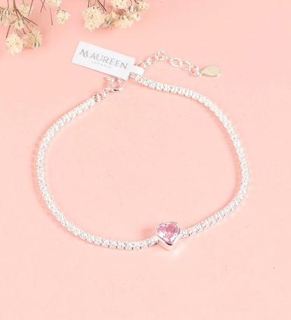 Pulsera tennis corazon rosado - Plata