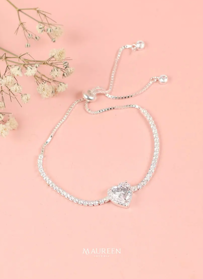 Pulsera circon corazon ajustable -  Plata